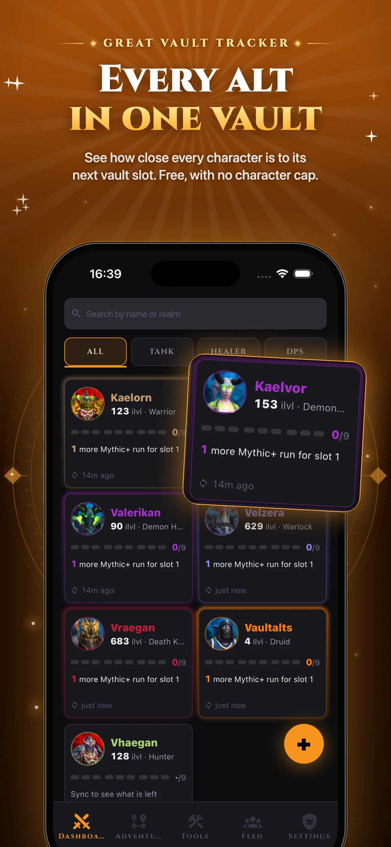 VaultAlts on the App Store: Every alt in one vault. The roster, showing how close every character is to its next Great Vault slot.