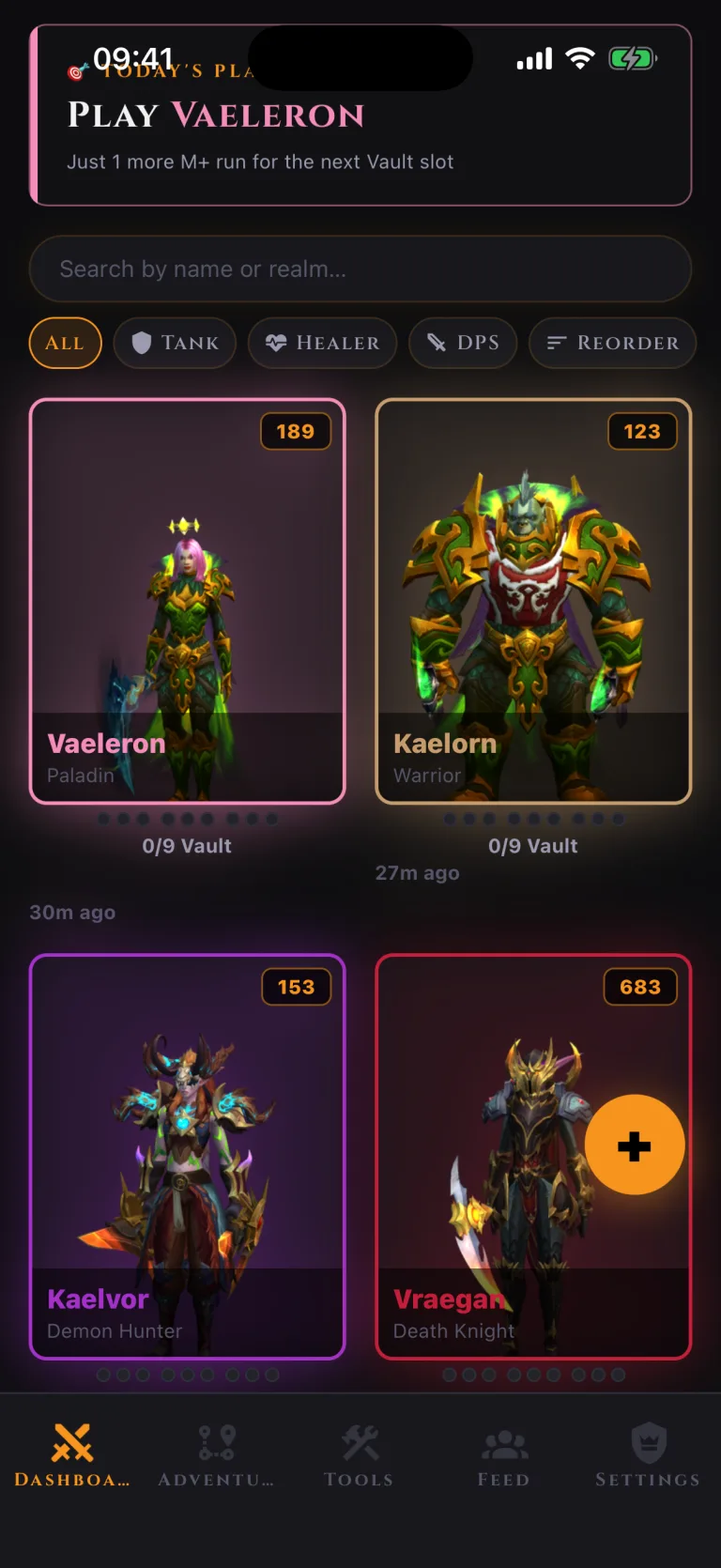 The VaultAlts roster screen, listing every character with item level and vault progress