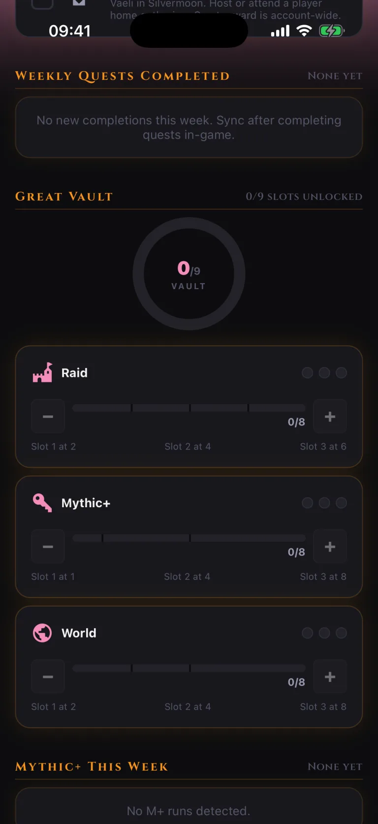 The VaultAlts Great Vault screen, showing raid, Mythic+ and world slot progress